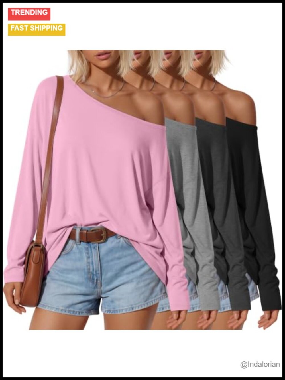 4 Pack Womens Off Shoulder Oversized Long Sleeve Tops Soft Stretch Casual